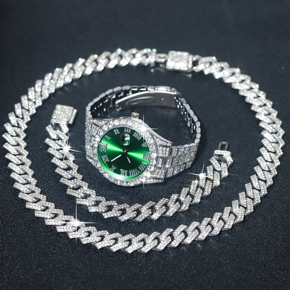 Combo Relógio Cravejado + Corrente e Pulseira Cravejado